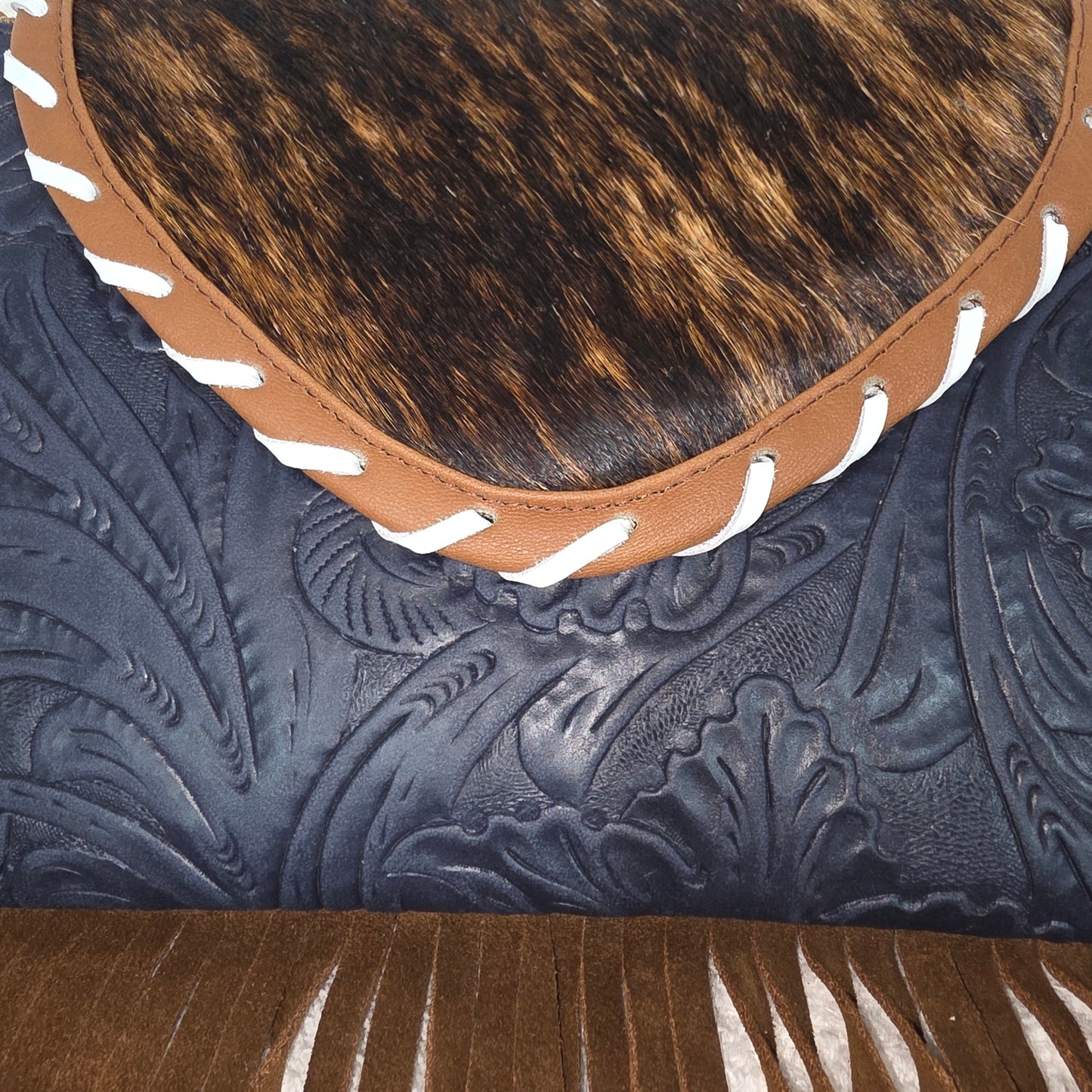 Handcrafted Blue Floral Embossed Leather & Cowhide Hair-On Fringe Crossbody Bag