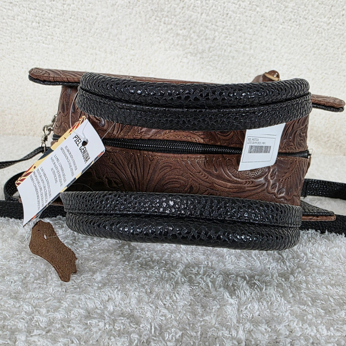 Brown & Black Floral Embossed Leather & Vegan Leather Crossbody Bag