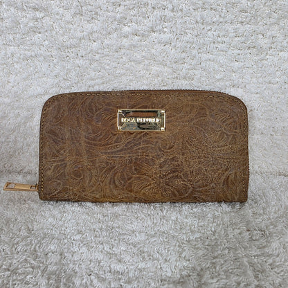 Distressed Golden Brown Floral Embossed Leather Bifold Zip-Around Wallet — León, Guanajuato