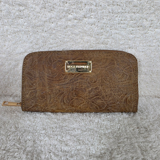 Distressed Golden Brown Floral Embossed Leather Bifold Zip-Around Wallet — León, Guanajuato