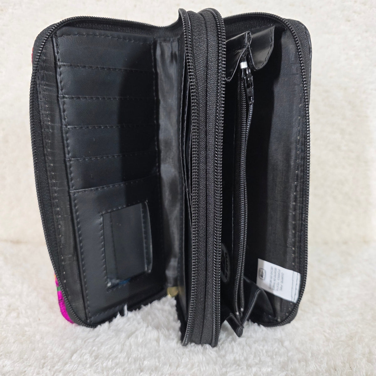 Black Floral Embossed & Chiapas Loom Leather Double Zip Wallet