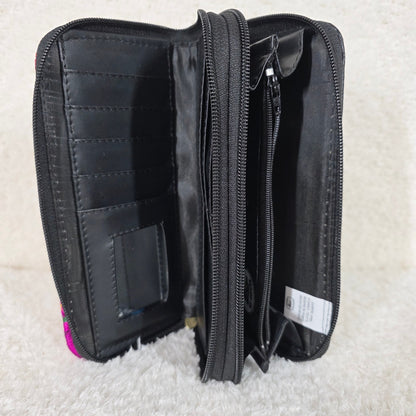 Black Floral Embossed & Chiapas Loom Leather Double Zip Wallet