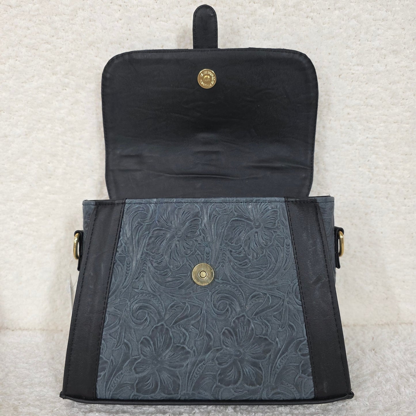 Handcrafted Mexican Floral Embossed Navy Blue Genuine Leather Top-Handle Bag