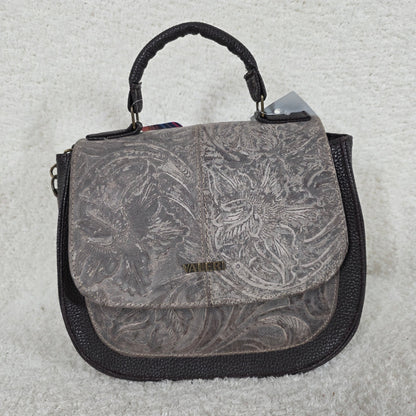 Brown Floral Embossed Genuine Leather Satchel Bag with Fold-Over Flap — Handmade in Mexico
