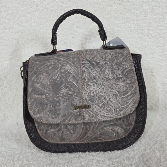 Brown Floral Embossed Genuine Leather Satchel Bag with Fold-Over Flap — Handmade in Mexico