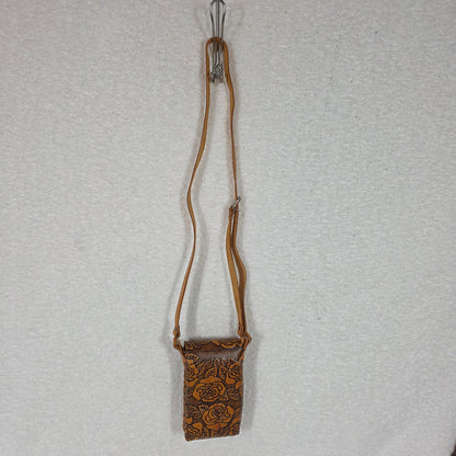 Honey Brown Roses Embossed Leather Cell Phone Bag - Handcrafted in Mexico