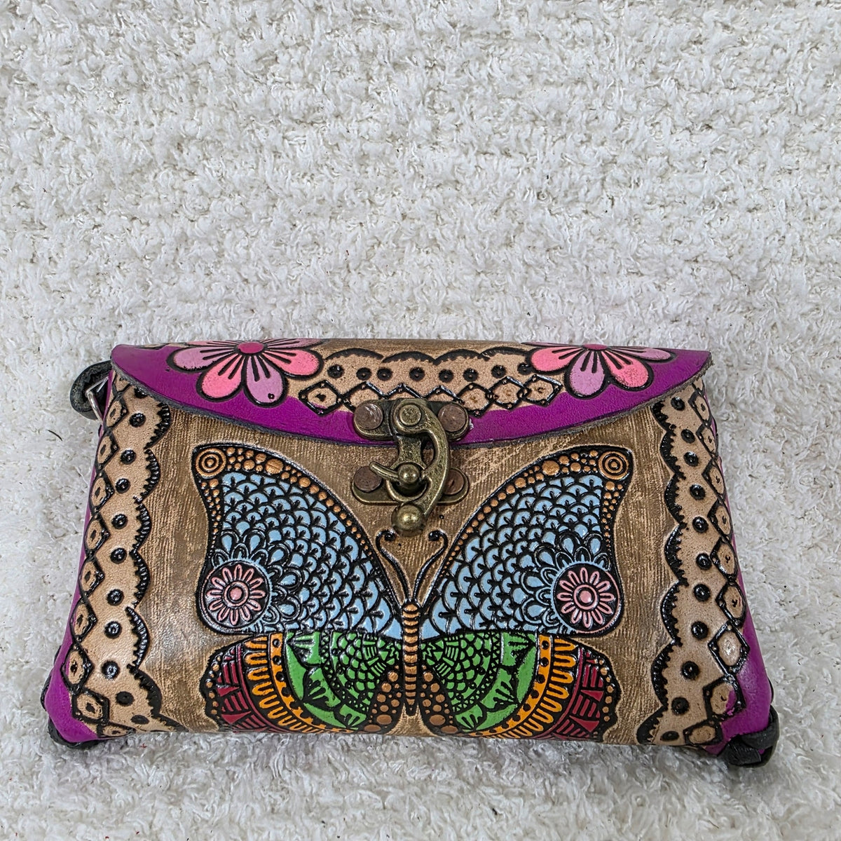 Tan Hand-Tooled Vaqueta Leather Butterflies & Flowers Wristlet with Purple Border — León, Mexico