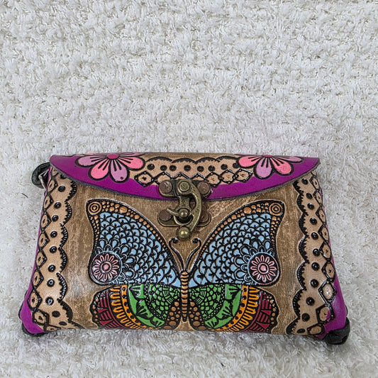 Tan Hand-Tooled Vaqueta Leather Butterflies & Flowers Wristlet with Purple Border — León, Mexico