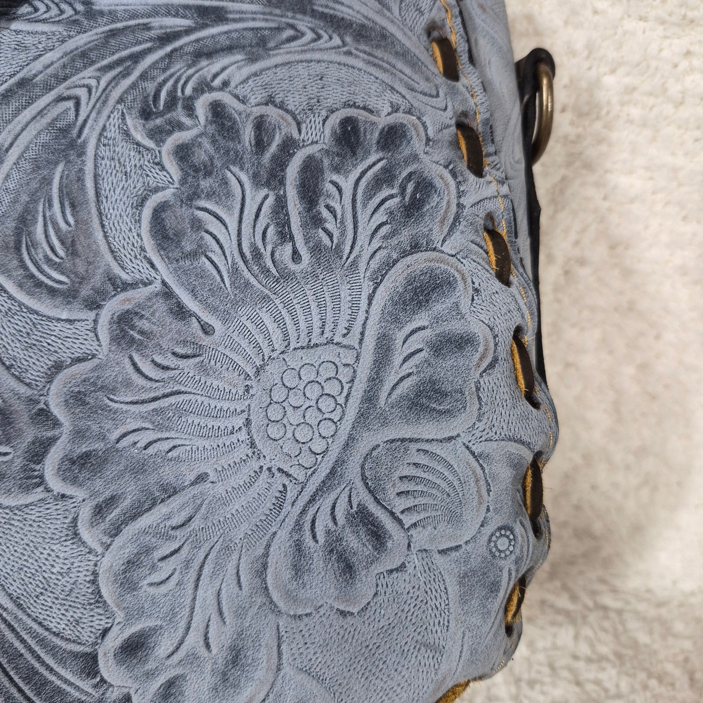 Hand-Tooled Blue Floral Genuine Leather Saddle Bag with Brown Whipstitching