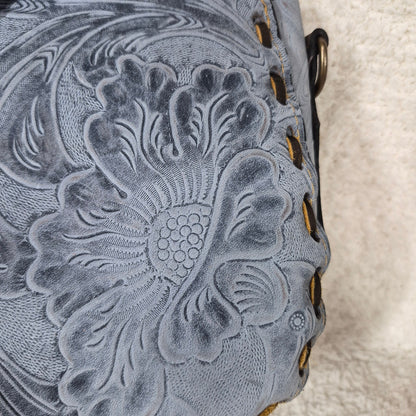Hand-Tooled Blue Floral Genuine Leather Saddle Bag with Brown Whipstitching