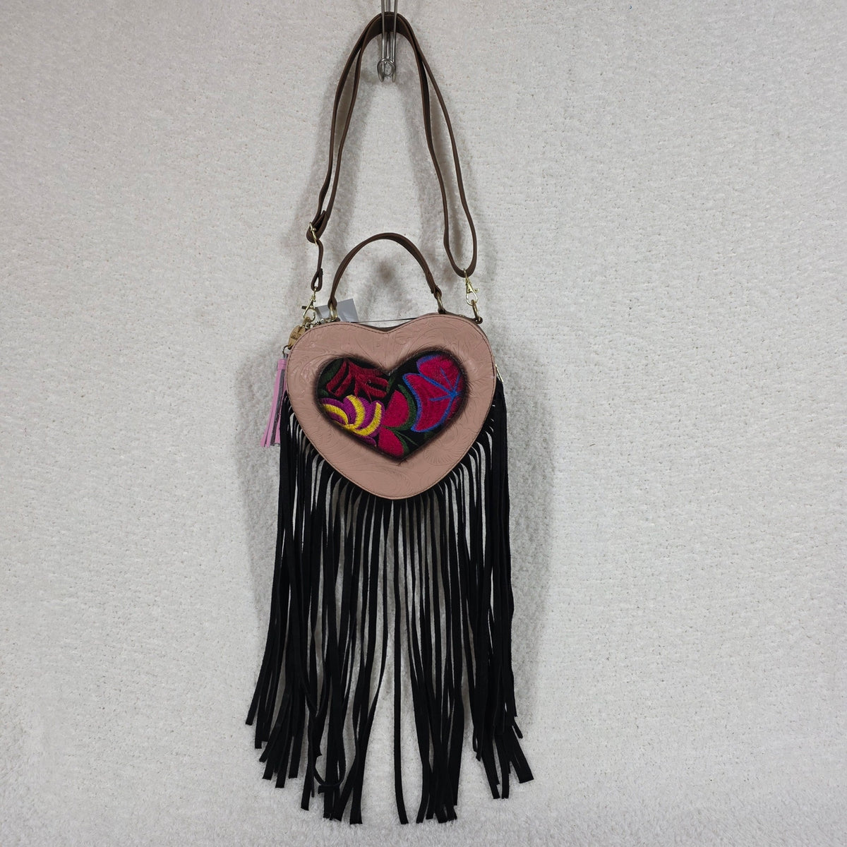 Pink Embroidered Hand-Tooled Leather Heart-Shaped Fringe Crossbody Bag — Handmade in Mexico