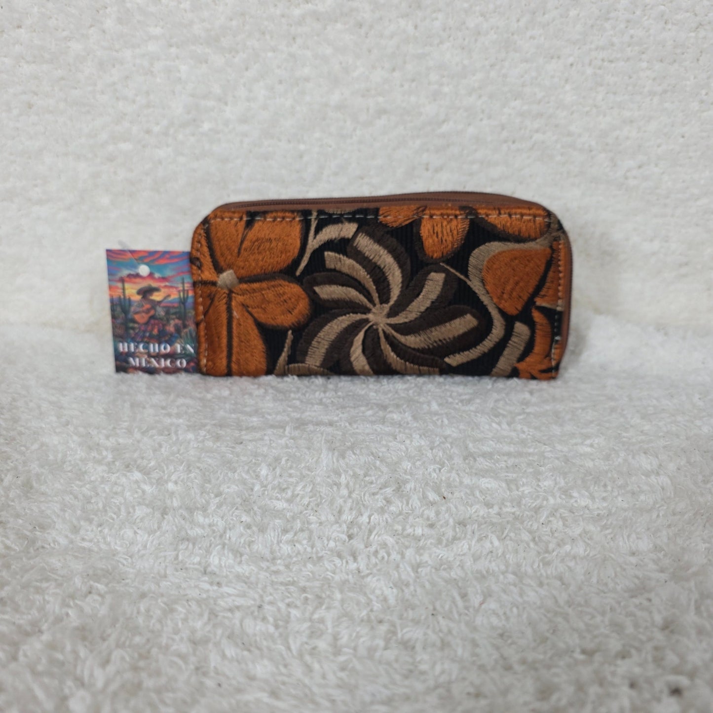Mocha Floral Embossed & Chiapas Loom Leather Double Zip Wallet