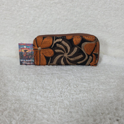 Mocha Floral Embossed & Chiapas Loom Leather Double Zip Wallet