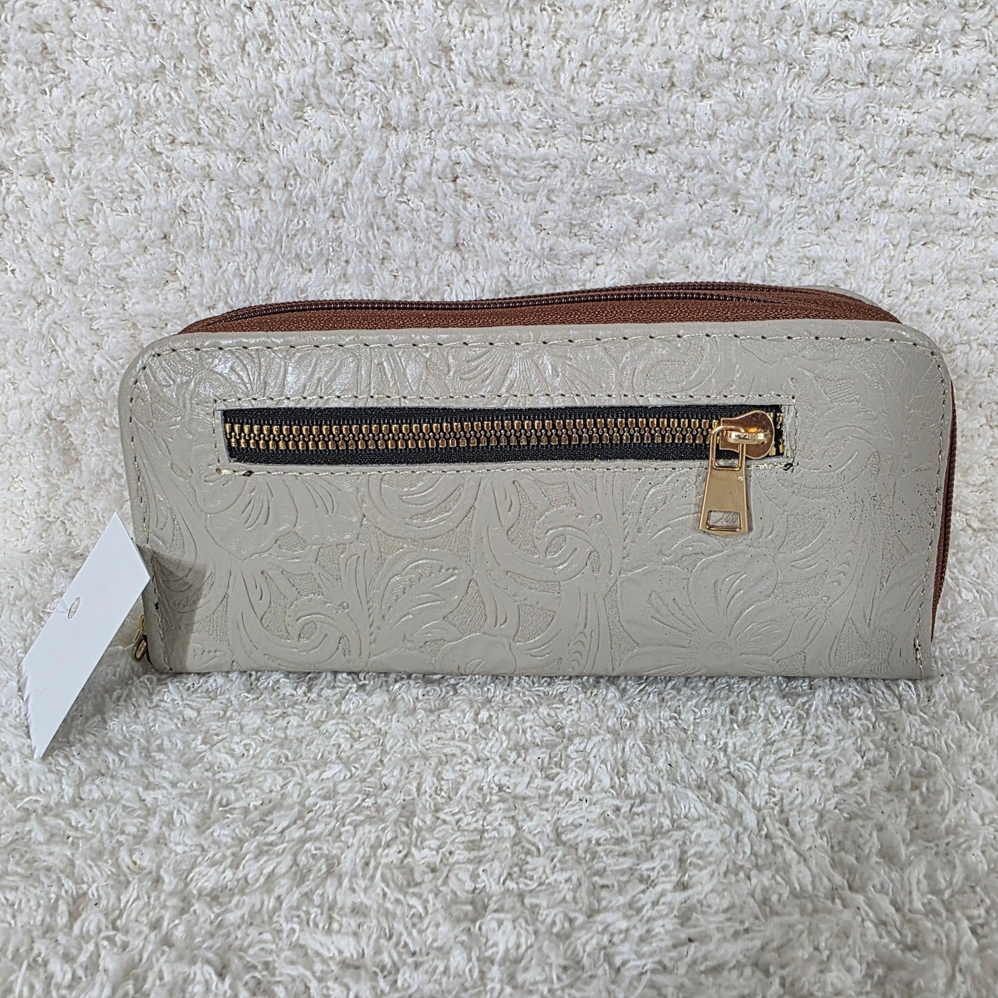 Stone Gray Floral Embossed Leather Double Zip Wallet