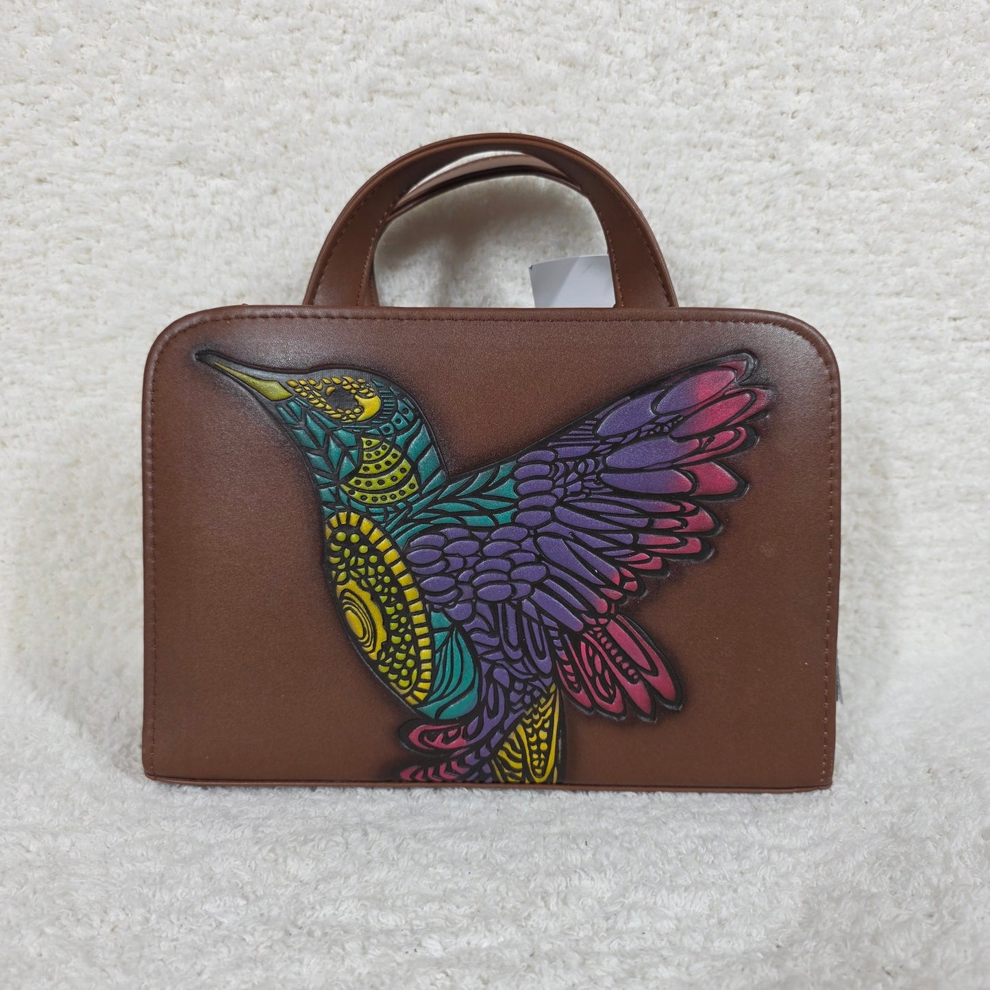 Honey Brown Colorful Colibrí Embossed & Hand Painted Mexican Vegan Leather Crossbody Bag