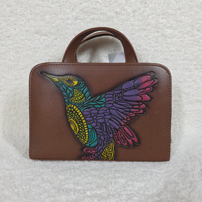 Honey Brown Colorful Colibrí Embossed & Hand Painted Mexican Vegan Leather Crossbody Bag