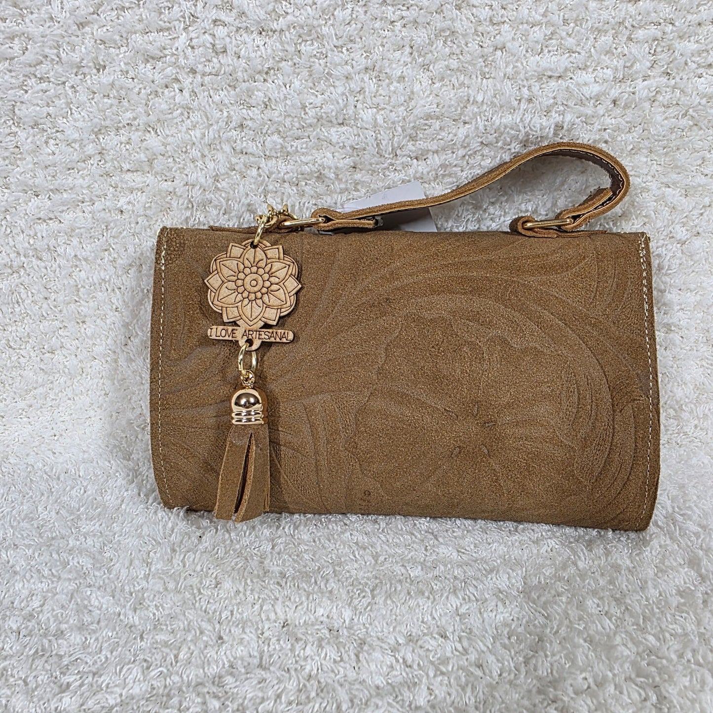 Handcrafted Embossed Floral Design Saddle Brown Suede Leather Crossbody Bag