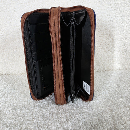 Blue Floral Embossed Leather Double Zip Wallet