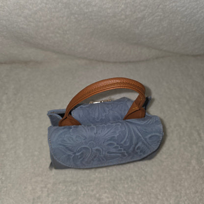 Light Blue Floral Embossed Leather Mini Bag with Detachable Strap