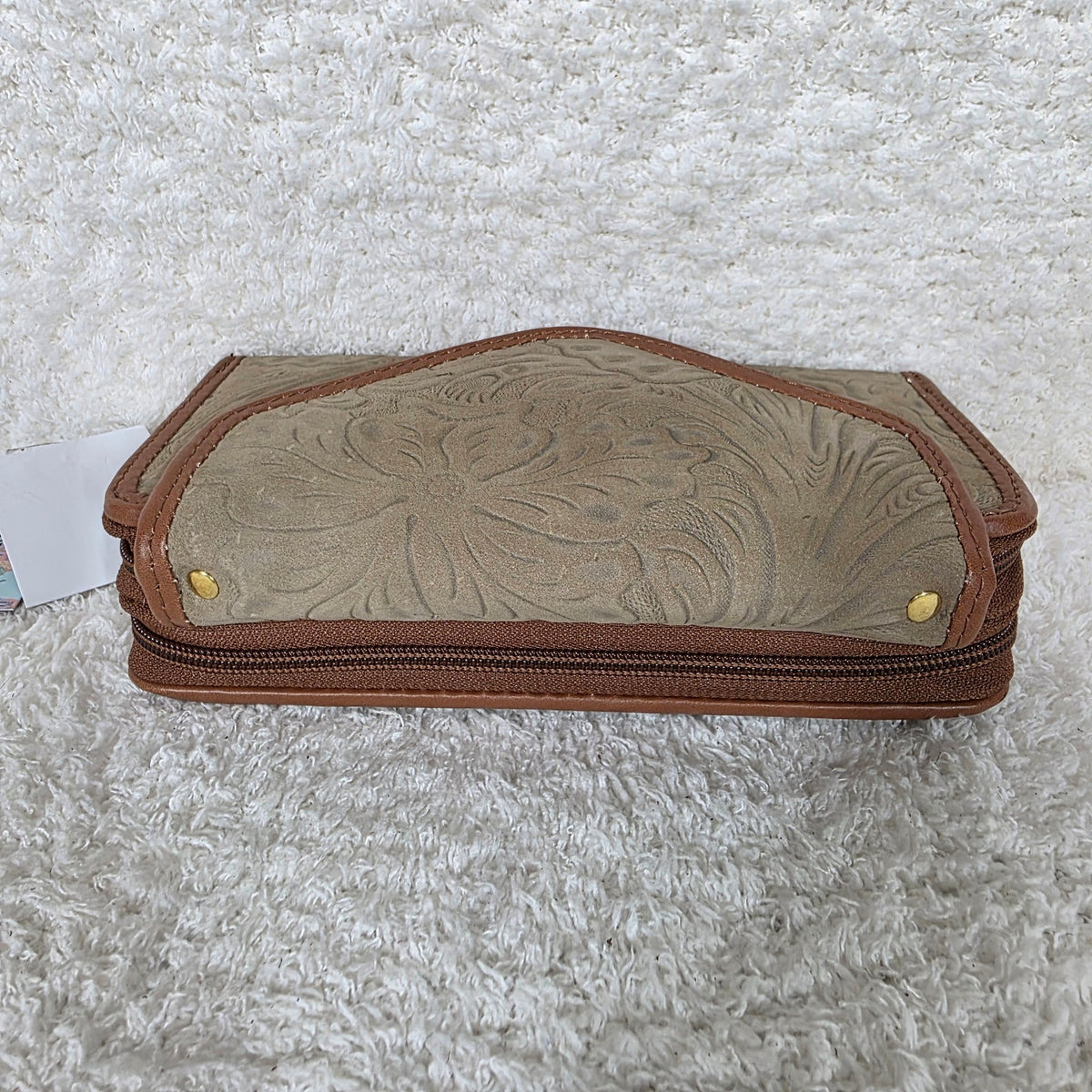 Dark Taupe Floral Embossed Leather Convertible Wallet Crossbody with Brown Trim