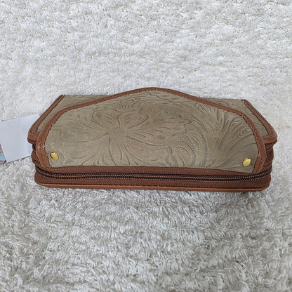 Dark Taupe Floral Embossed Leather Convertible Wallet Crossbody with Brown Trim