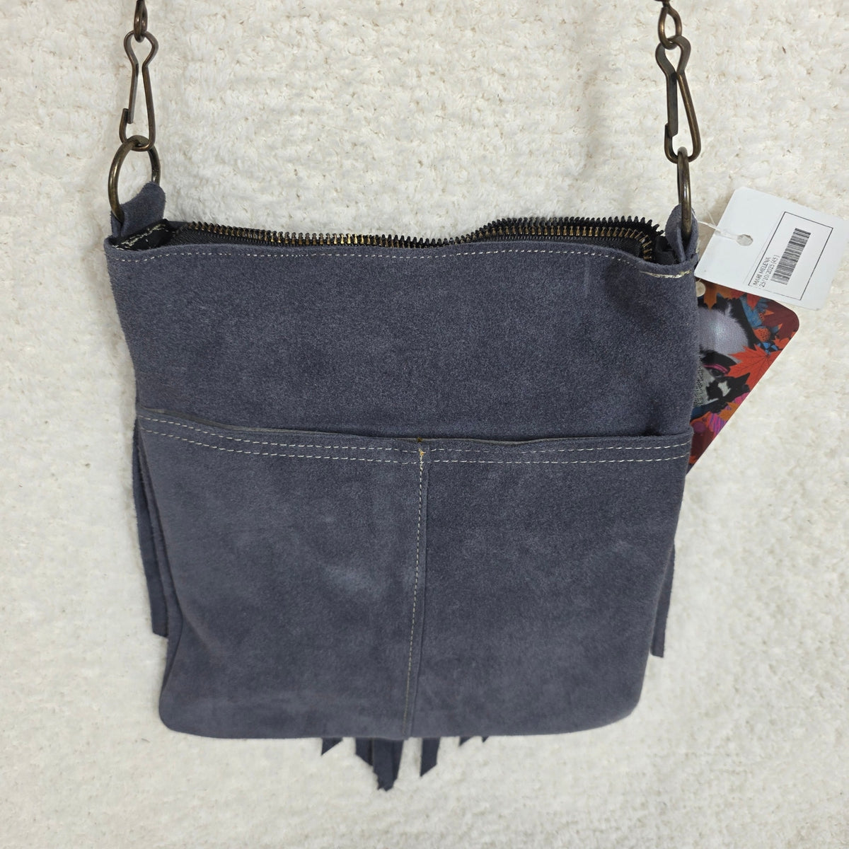 Denim Blue Boho Fringe Crossbody Bag Suede Leather Handcrafted in Mexico