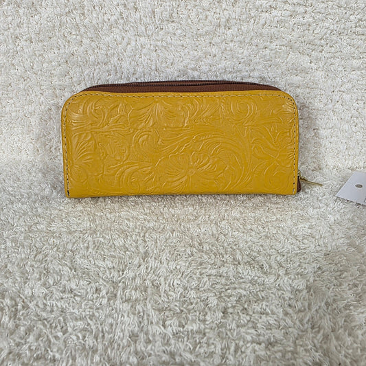 Yellow Floral Embossed Leather Double Zip Wallet