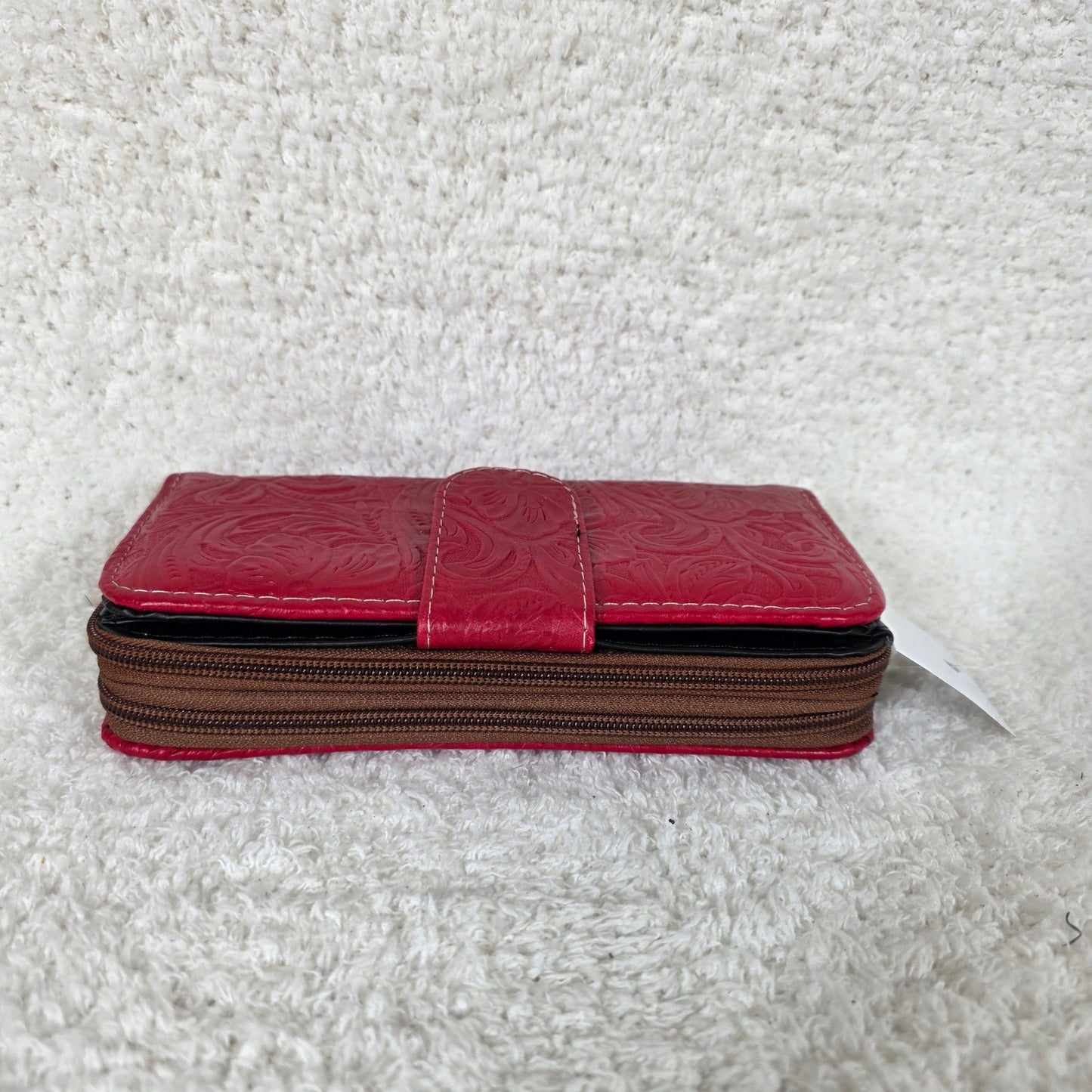 Red Floral Embossed Leather Tab Closure Wallet