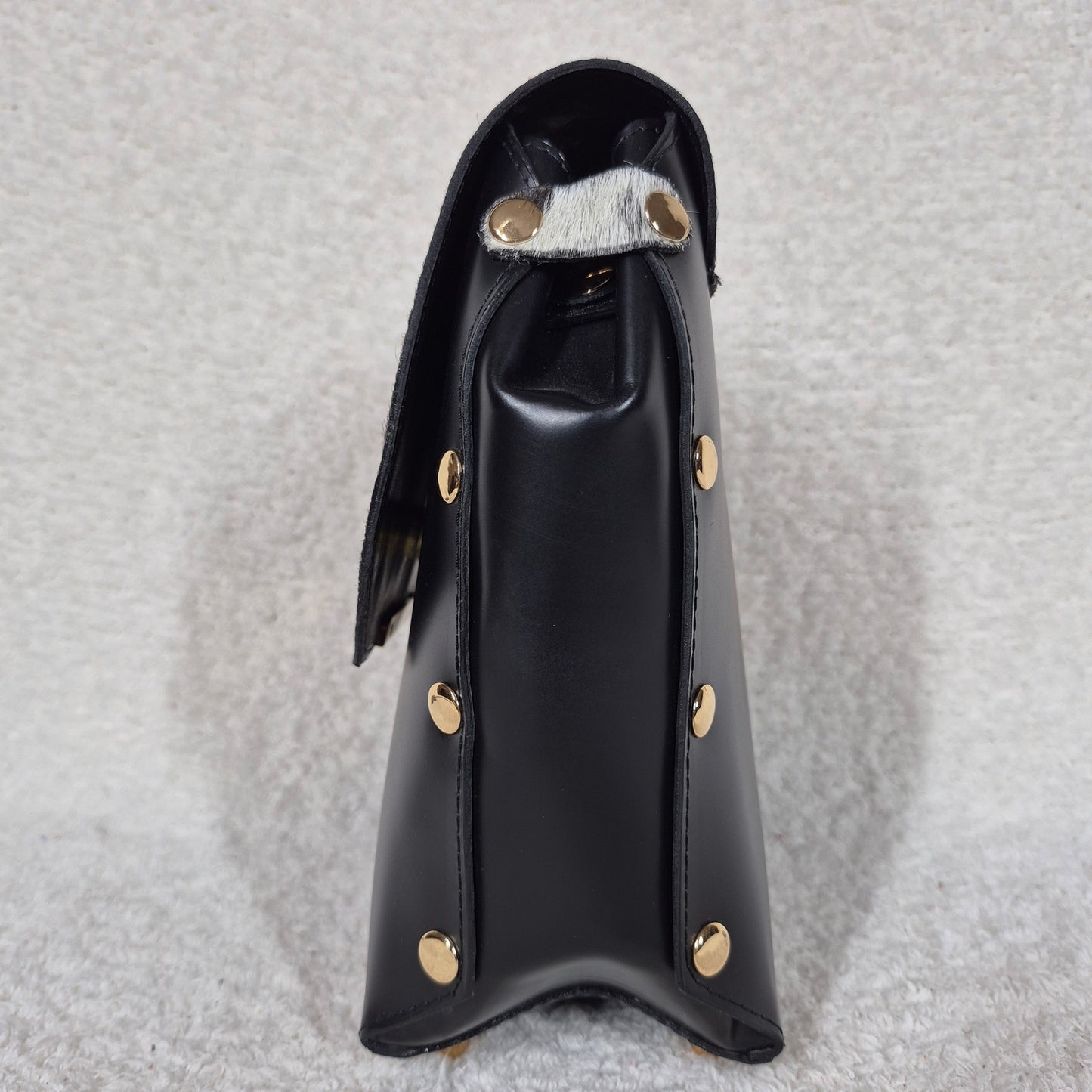 Handcrafted Mexican Black Leather Handbag with Cowhide Hair-On Flap & Gold-Tone Hardware