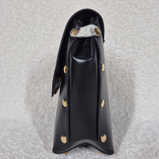 Handcrafted Mexican Black Leather Handbag with Cowhide Hair-On Flap & Gold-Tone Hardware