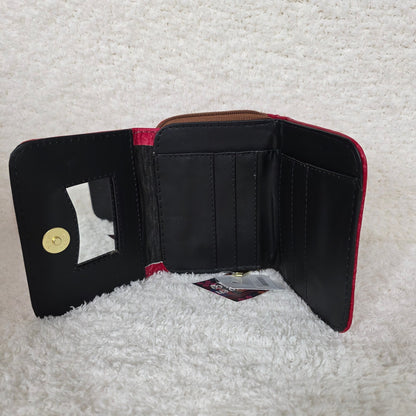 Vibrant Red Floral Embossed Leather Tri-fold Wallet