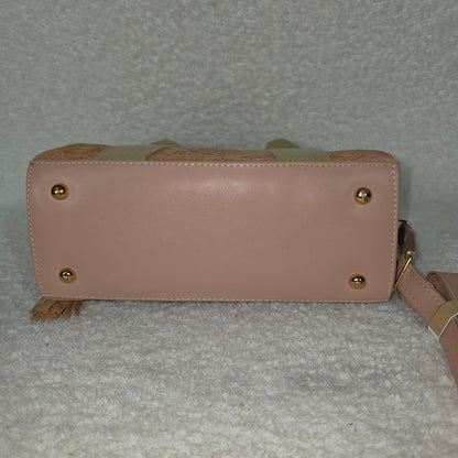 Handcrafted Mexican Blush Tan Tooled Leather & Chiapas Loom Handbag with Light Coral Trim