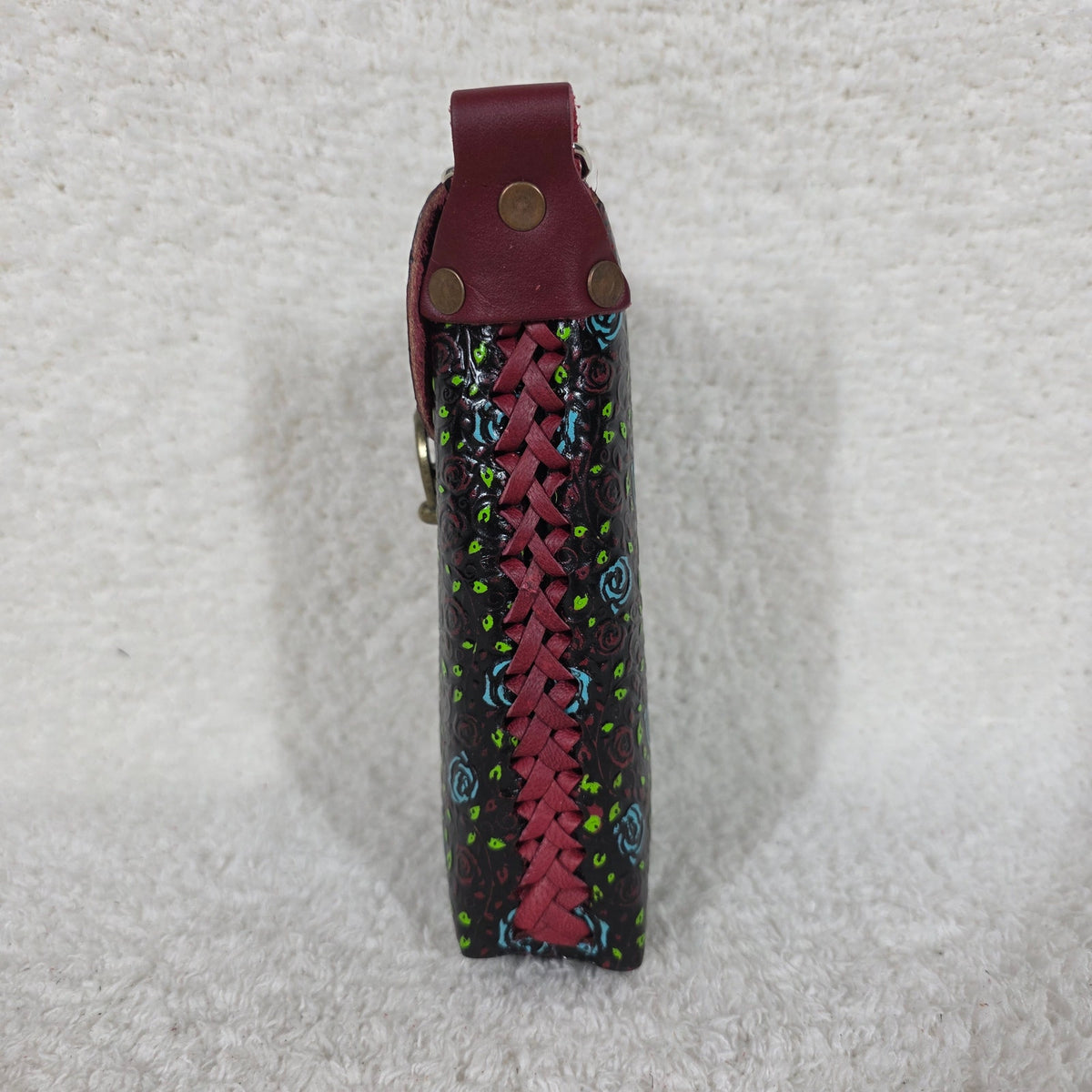 Red Hand Painted Roses Embossed Leather Cell Phone Bag - Handcrafted in Mexico