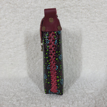 Red Hand Painted Roses Embossed Leather Cell Phone Bag - Handcrafted in Mexico