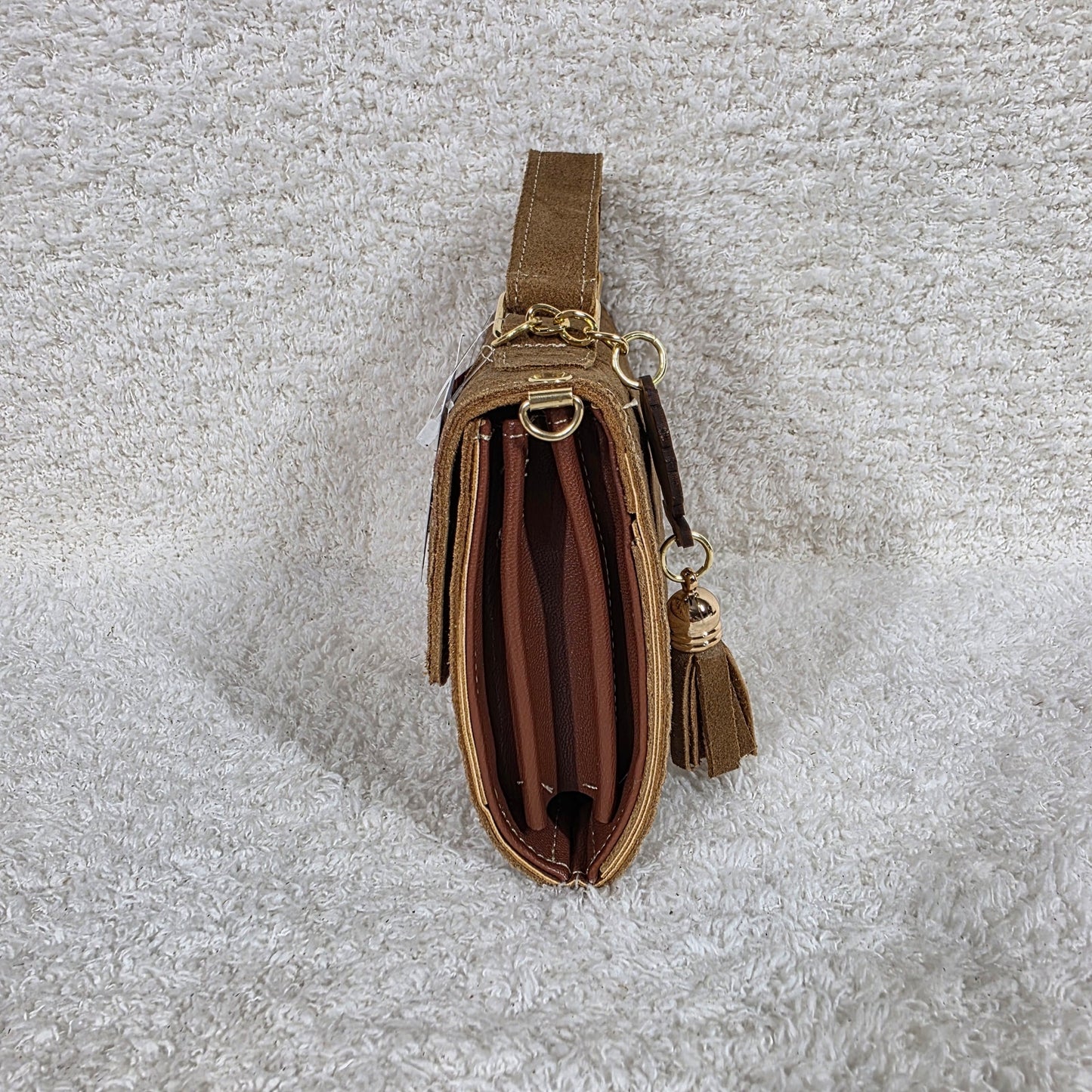 Handcrafted Embossed Floral Design Saddle Brown Suede Leather Crossbody Bag
