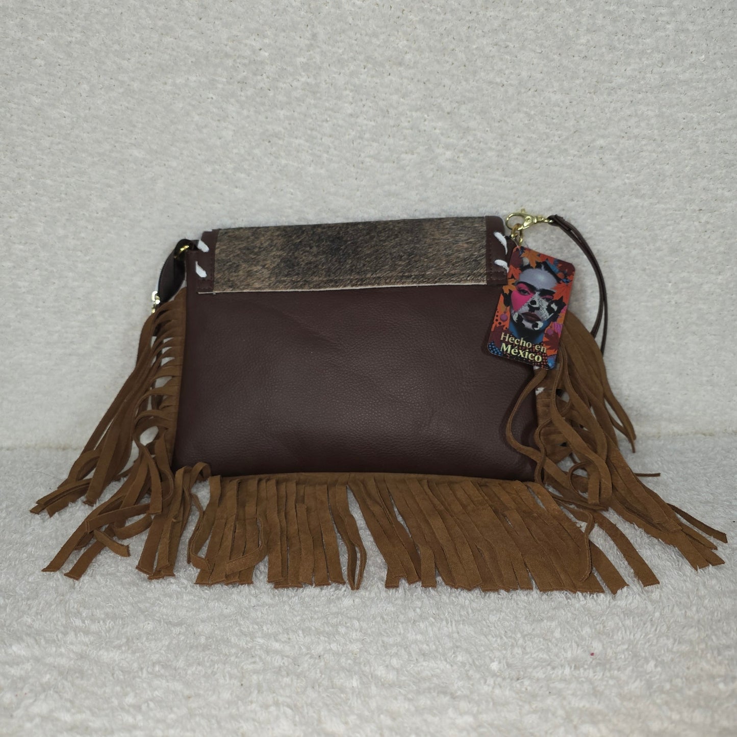 Handcrafted Mexican Floral Embossed Tooled Leather & Cowhide Hair-On Fringe Crossbody Bag