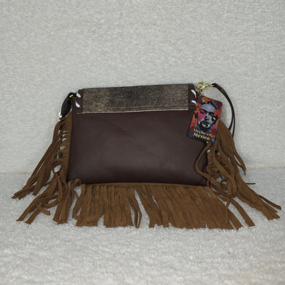 Handcrafted Mexican Floral Embossed Tooled Leather & Cowhide Hair-On Fringe Crossbody Bag