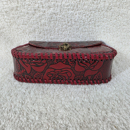 Mexican Hand-Tooled Roses Red Leather Crossbody Bag