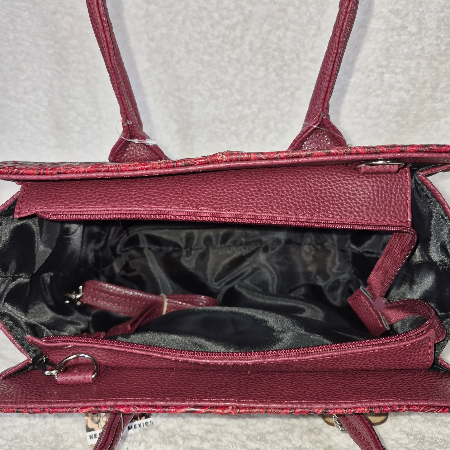 Handcrafted Mexican Burgundy Red Floral Embossed Leather Tote