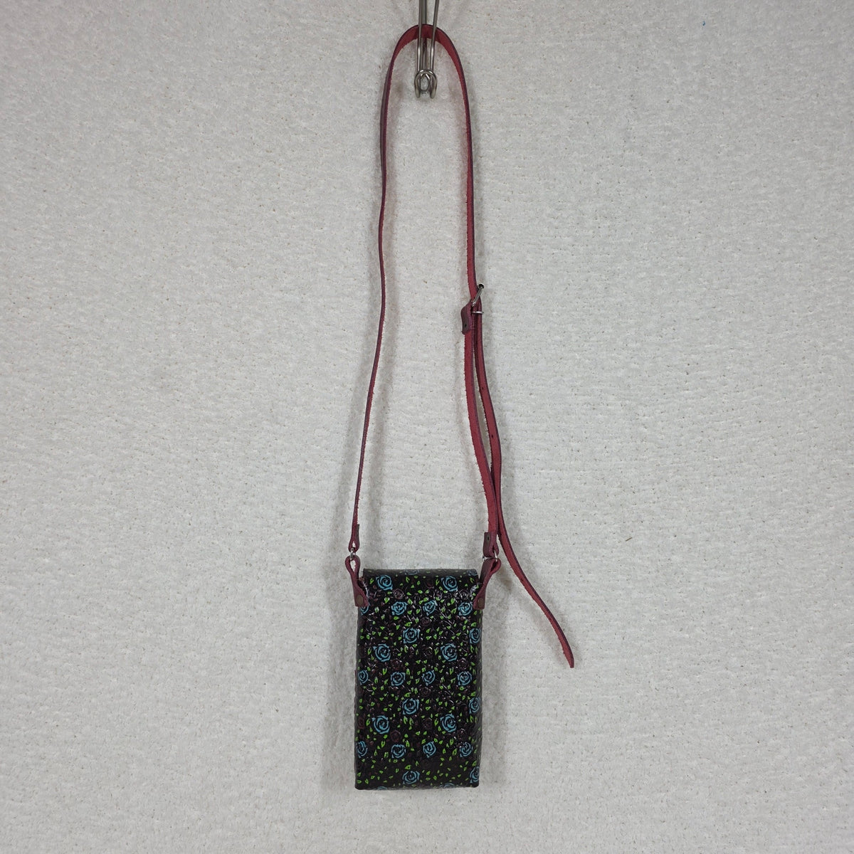 Red Hand Painted Roses Embossed Leather Cell Phone Bag - Handcrafted in Mexico