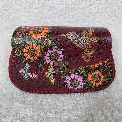 Red Hand-Tooled Flowers & Colibrí Genuine Leather Crossbody Bag — Artisan Handcrafted in Mexico