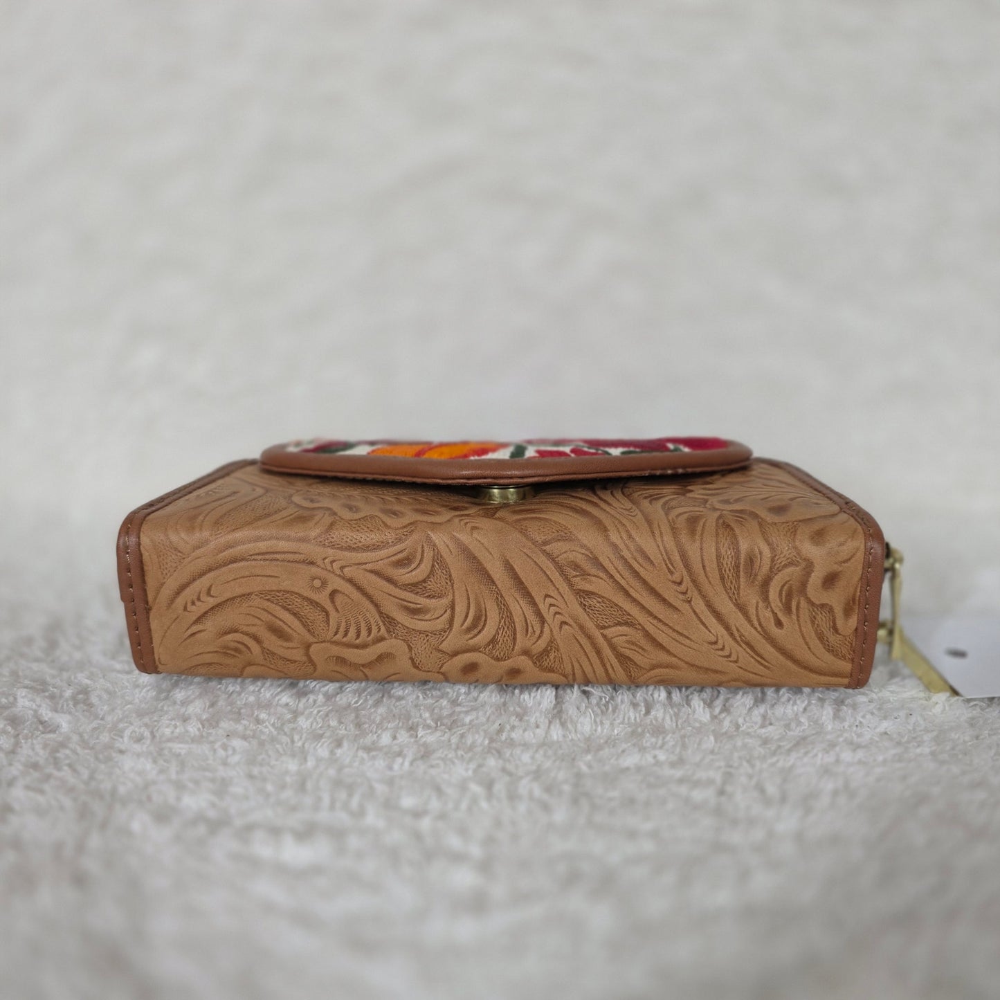 Tan Chiapas Loom & Floral Embossed Leather Convertible Wallet Crossbody with Brown Trim