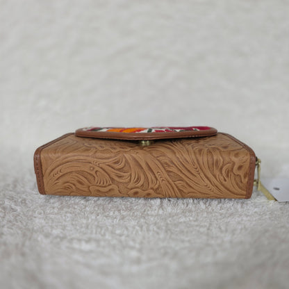 Tan Chiapas Loom & Floral Embossed Leather Convertible Wallet Crossbody with Brown Trim