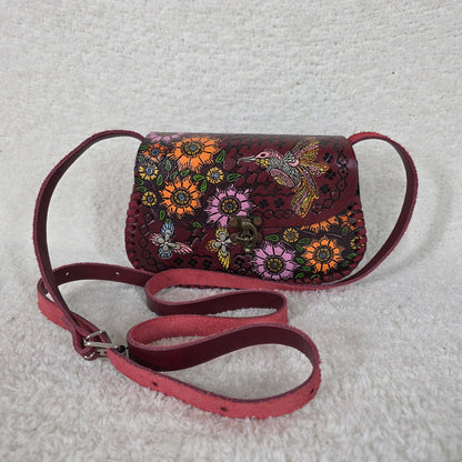 Mexican Hand-Tooled Leather Flowers & Colibrí Red Crossbody Bag