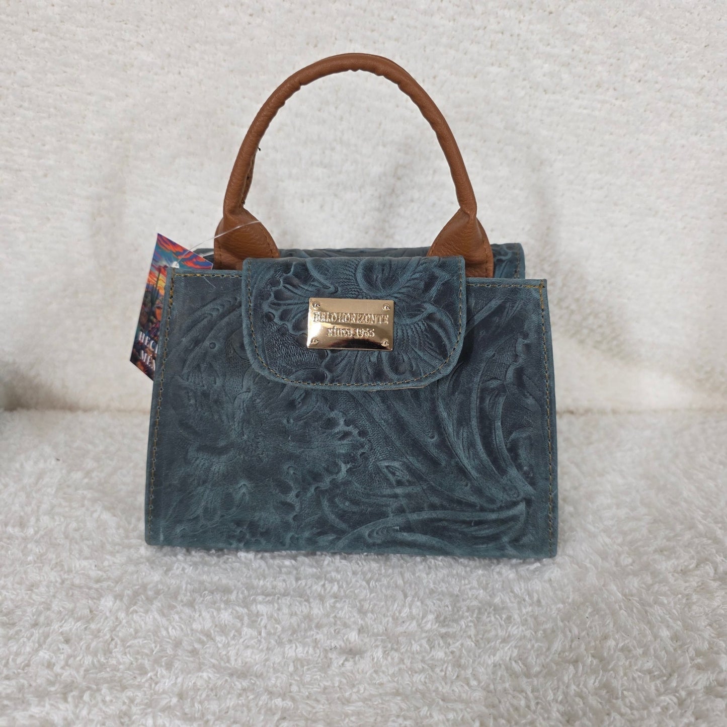 Teal Green Floral Embossed Leather Mini Bag with Detachable Strap