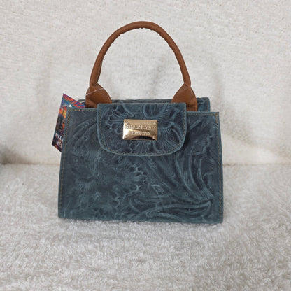 Teal Green Floral Embossed Leather Mini Bag with Detachable Strap — Handmade in León, Guanajuato