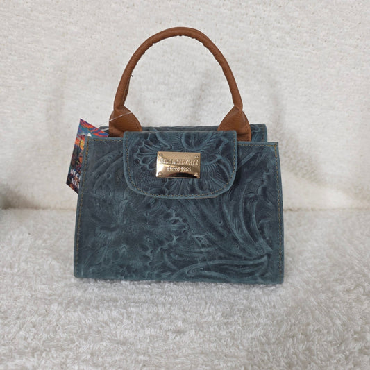 Teal Green Floral Embossed Leather Mini Bag with Detachable Strap — Handmade in León, Guanajuato