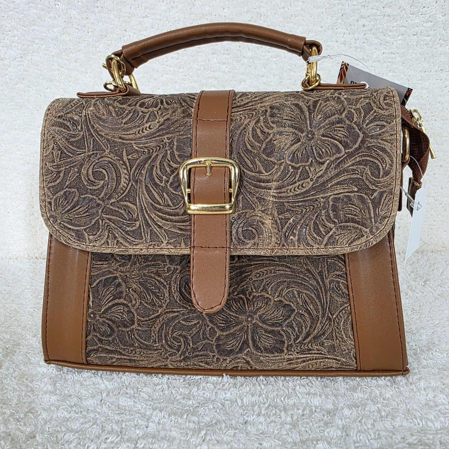 Handcrafted Mexican Floral Embossed Vintage Brown Genuine Leather Top-Handle Bag