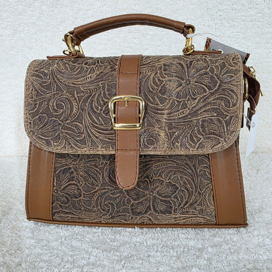 Vintage Brown Floral Embossed Genuine Leather Top-Handle Bag — Handmade in León, Guanajuato
