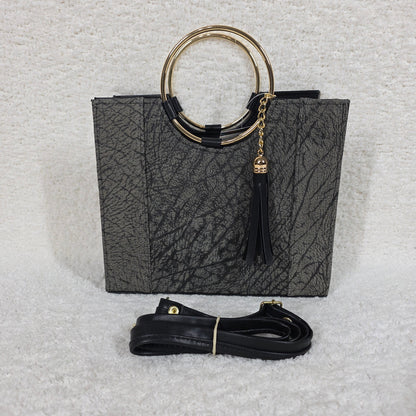 Handcrafted Mexican Distressed Gray Leather Handbag with Gold-Tone Ring Handles